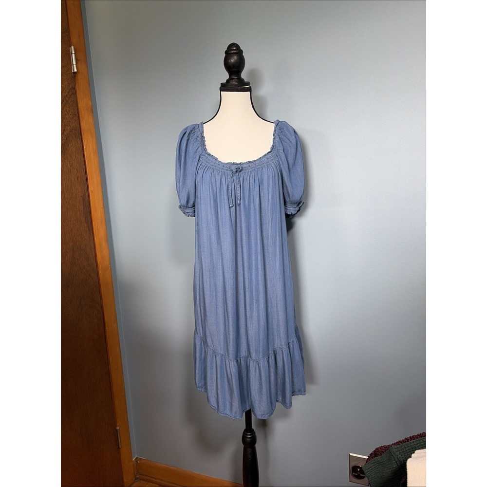 California Bay Co Dress Babydoll Mini M Blue Rayon Ruffle Puff Sleeve MDE346L-8S